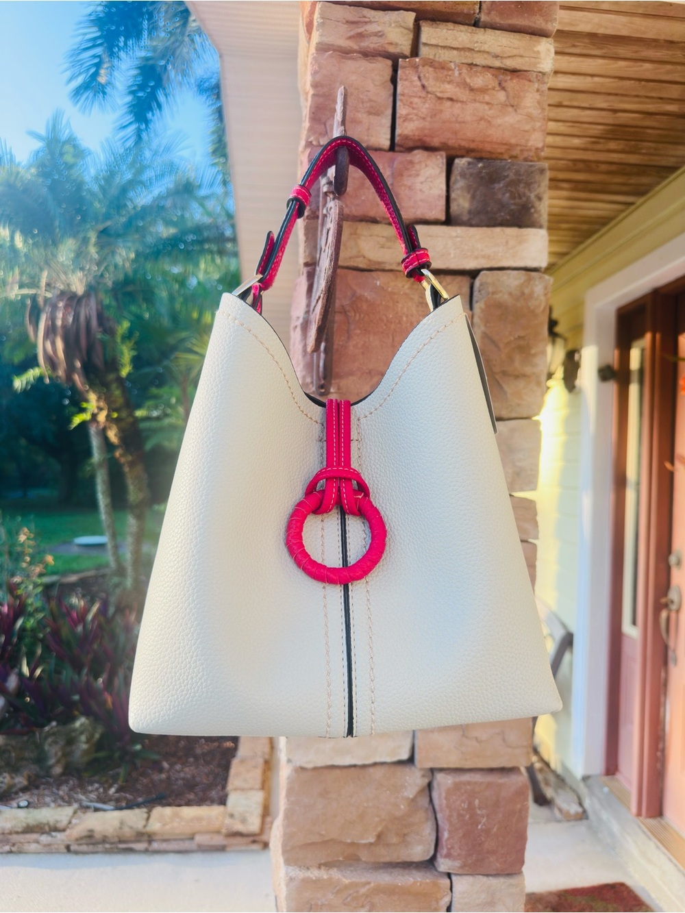 FOX  ~ Greige Shoulder Bag w/Make-Up Bag Crossbody Strap Red Trim and Accents